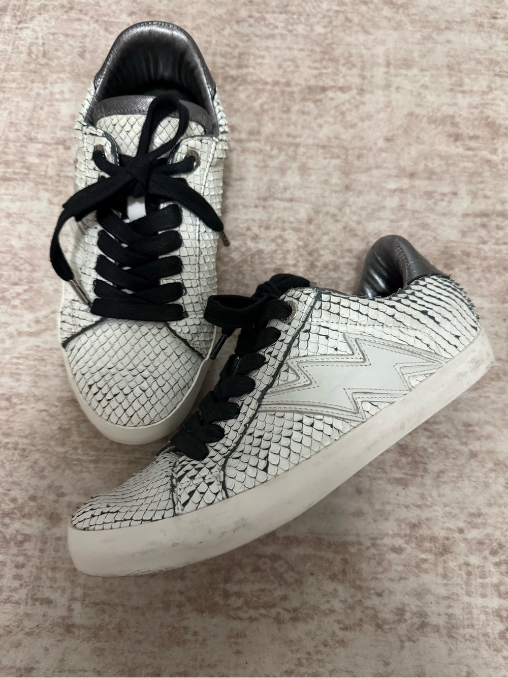 Zadig & Voltaire White Faux-Snake Sneakers with Black Laces